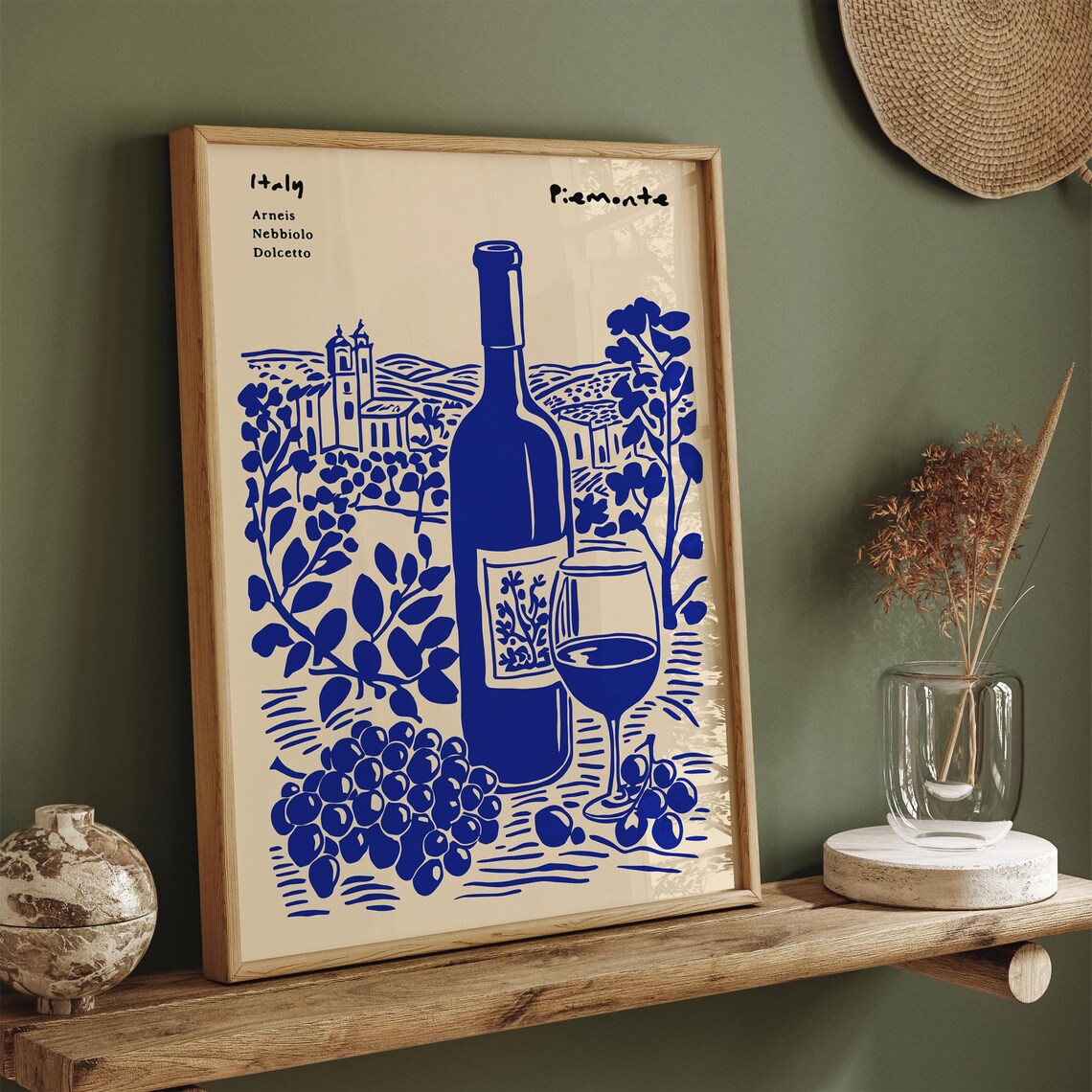 Piemonte Italy Wine Blue Ink Vineyard Bottle Glass Travel Poster - Image 3