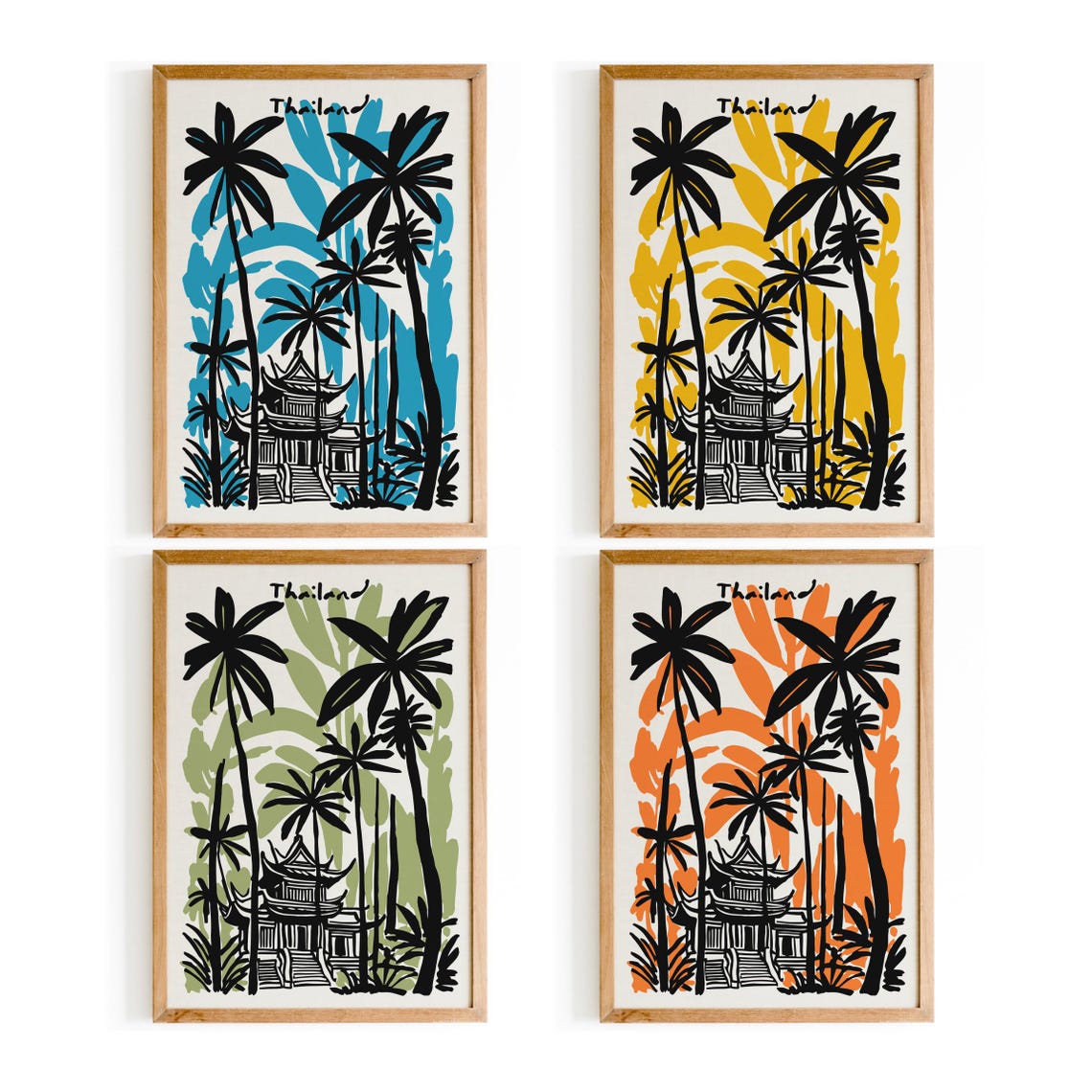 Thailand Tropical Temple Tall Palm Trees Colorful Travel Poster