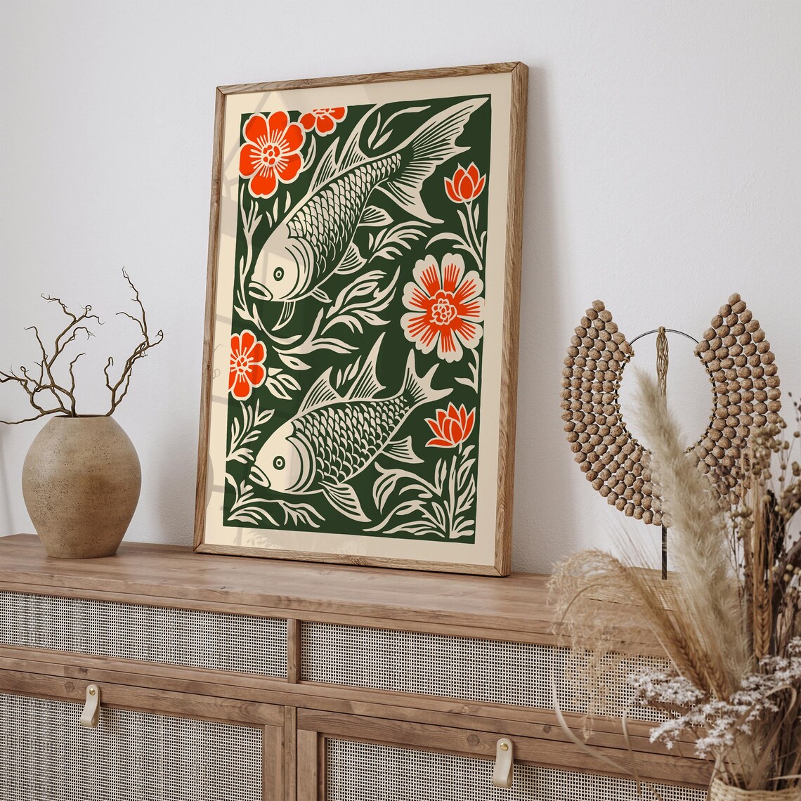 Japanese Koi Fish Pair Red Floral Green Linocut Style Art Poster - Image 2