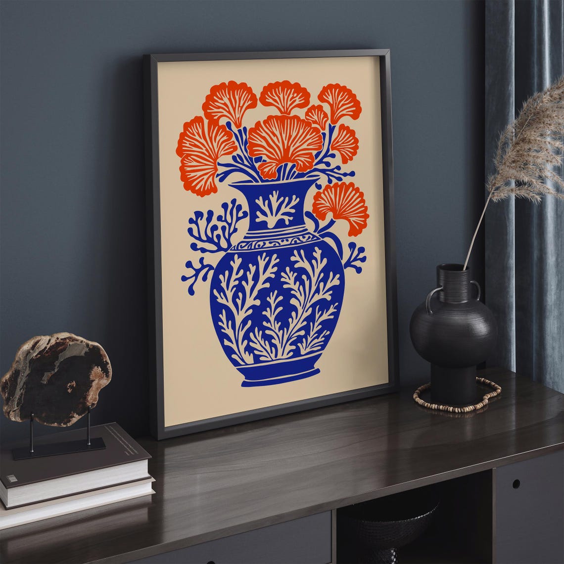 Bold Cobalt Blue Vase Orange Coral Flowers Botanical Wall Poster - Image 3