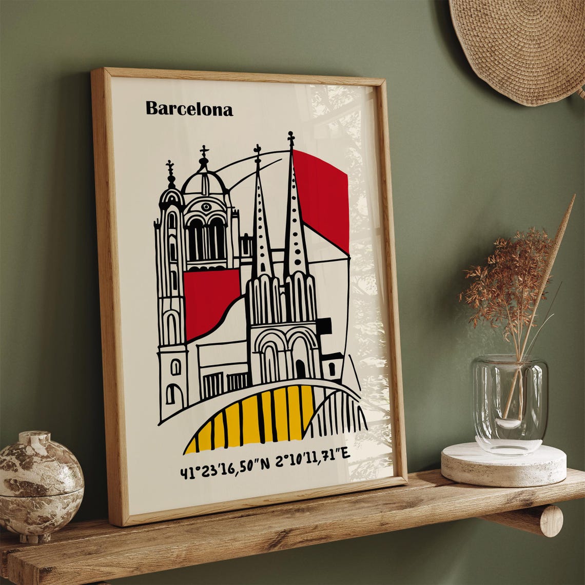 Barcelona Red Yellow Cathedral Line Art Coordinates Map Poster - Image 5
