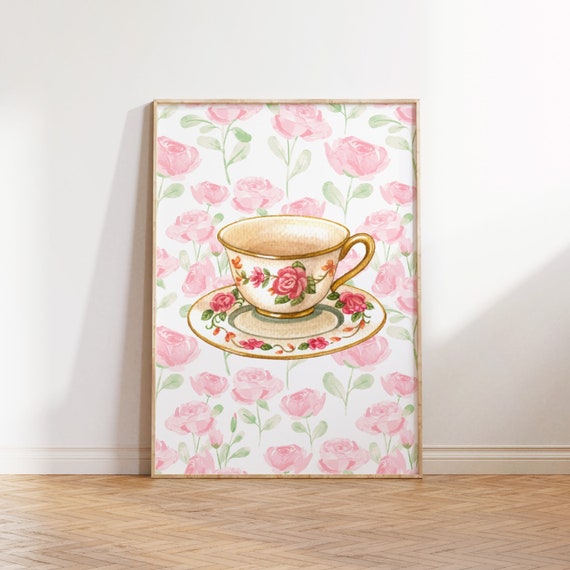 Grandmas Tea Cup Pink Print Wall Art Trendy Decor Vintage Painting English Garden Cottagecore Decor Wall Art