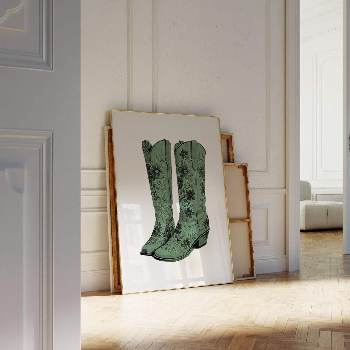Sage Green Cowboy Boots Art Print, Coastal Cowgirl - Image 2