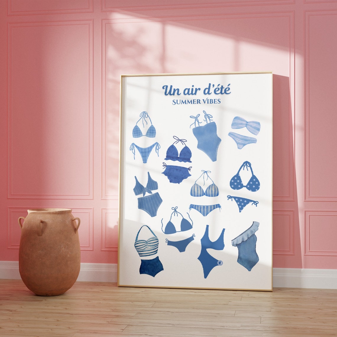 Un Air d'Ete Blue Bikini Watercolor Collage Summer Vibes Poster - Image 3