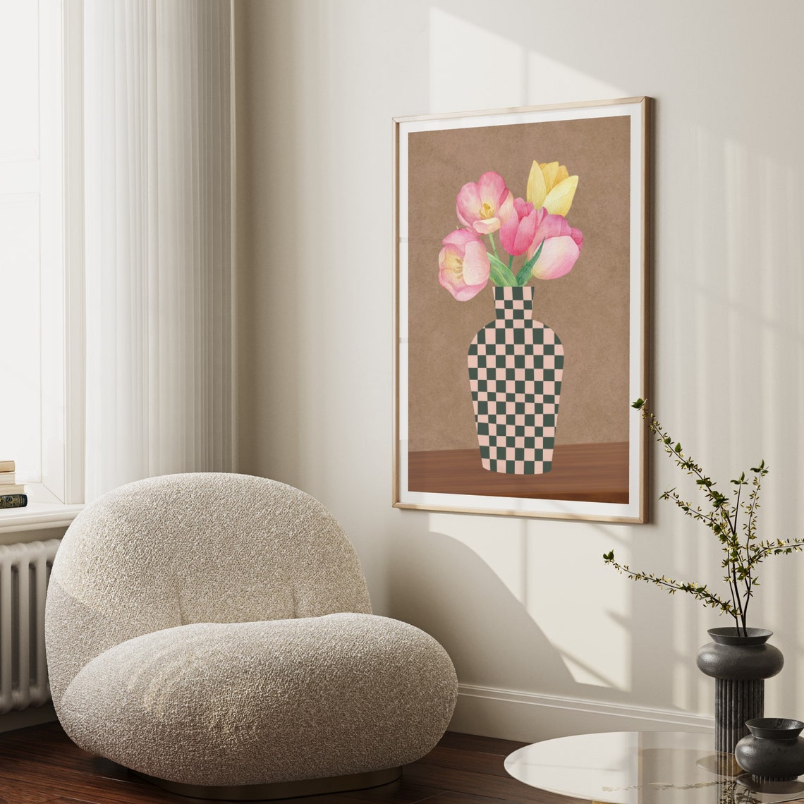 Checkered Vase Pink Yellow Tulips Scandi Floral Kitchen Poster - Image 2