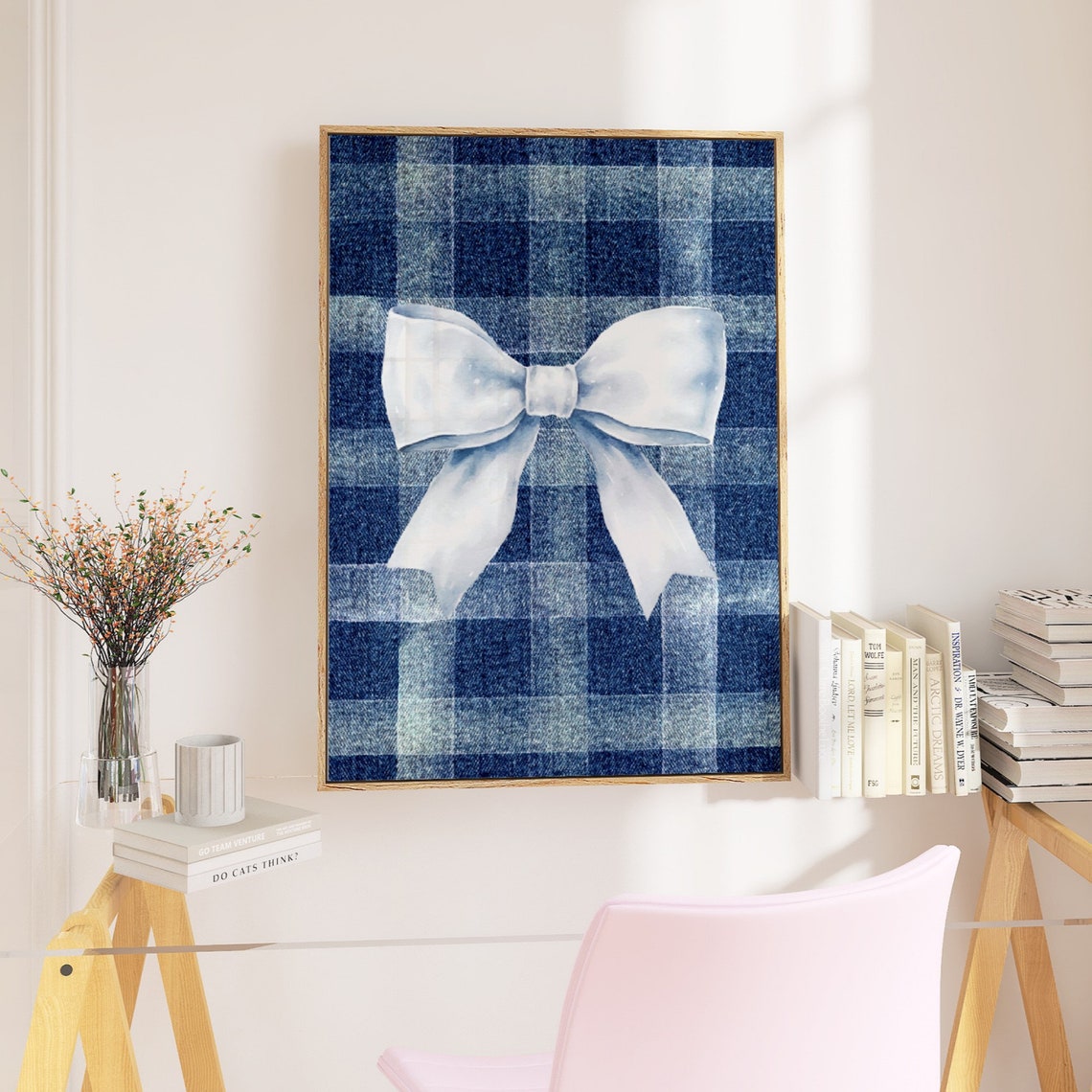 Denim Plaid Blue Check Big White Bow Coquette Western Style Poster - Image 4