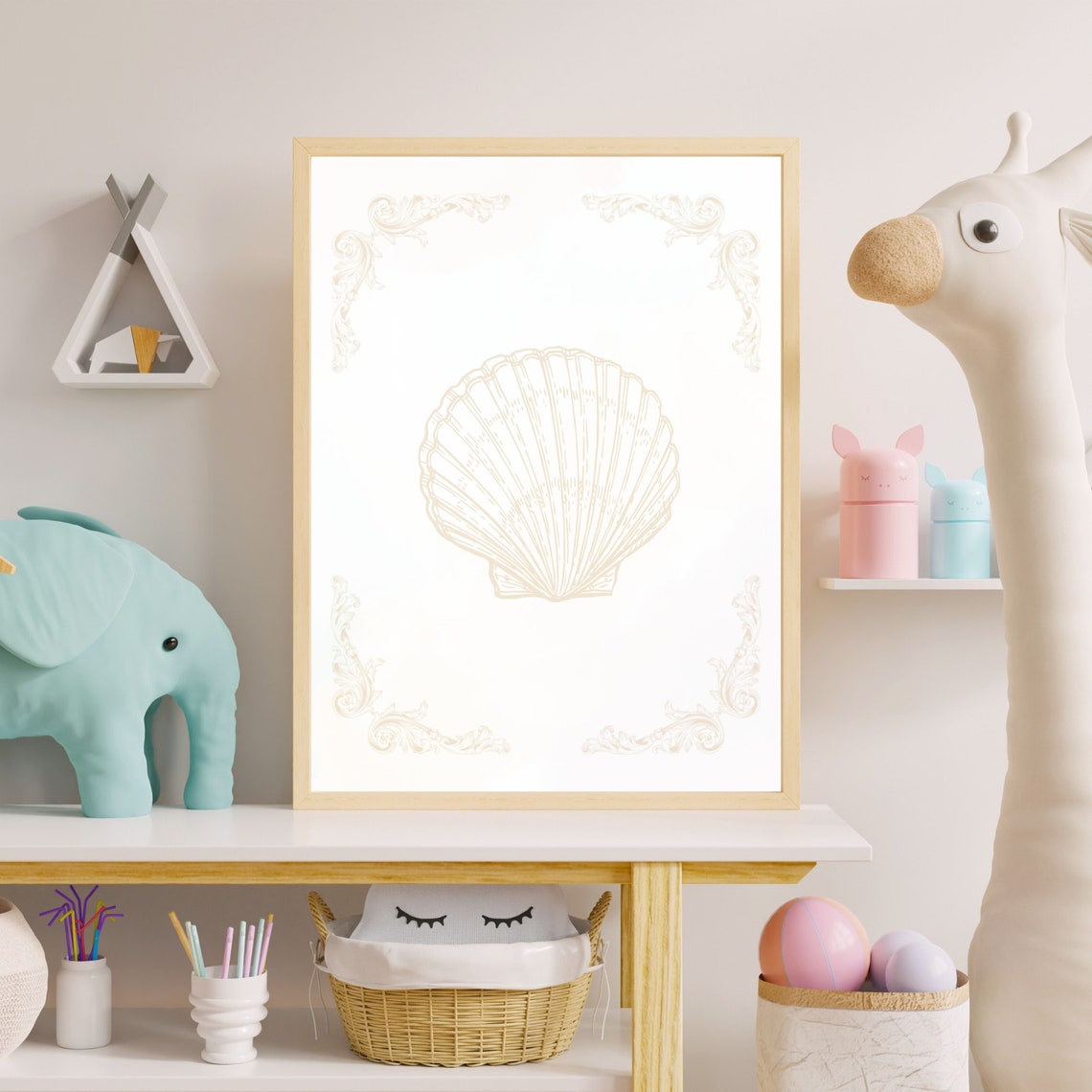 Beige Scallop Shell Vintage Line Art Coastal Elegance Poster