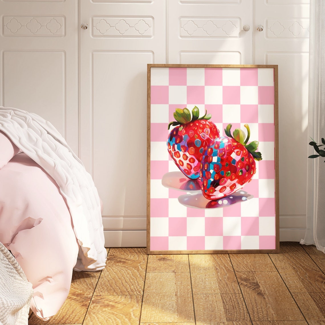 Disco Strawberries Pink Checkered Pop Art Fruit Poster Bold Wall Decor - Image 2