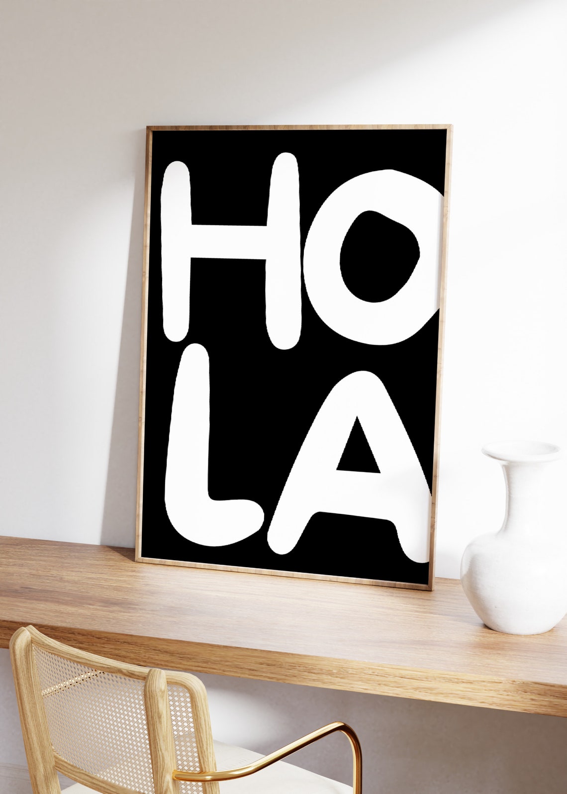 Hola Spanish Greeting White On Black Bold Typography Art Poster - Image 2