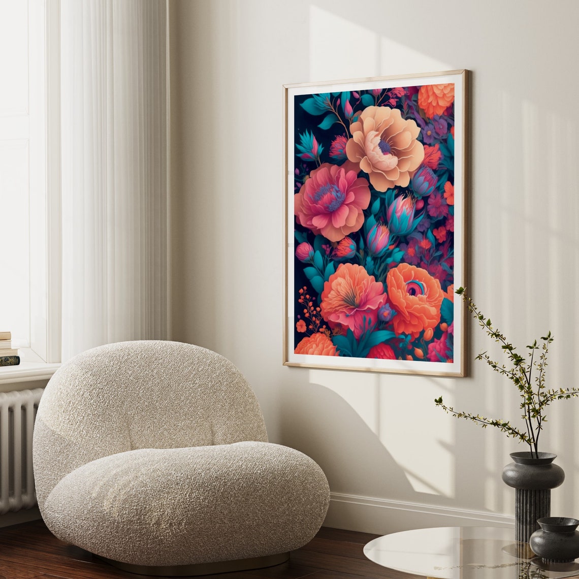 Boho Floral Peony Poppy Dark Botanical Night Garden Art Poster - Image 2