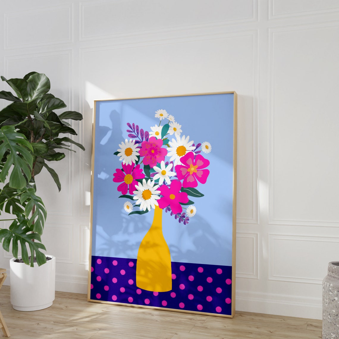 Daisy Bouquet Yellow Vase Polka Dot Table Bold Floral Poster - Image 2