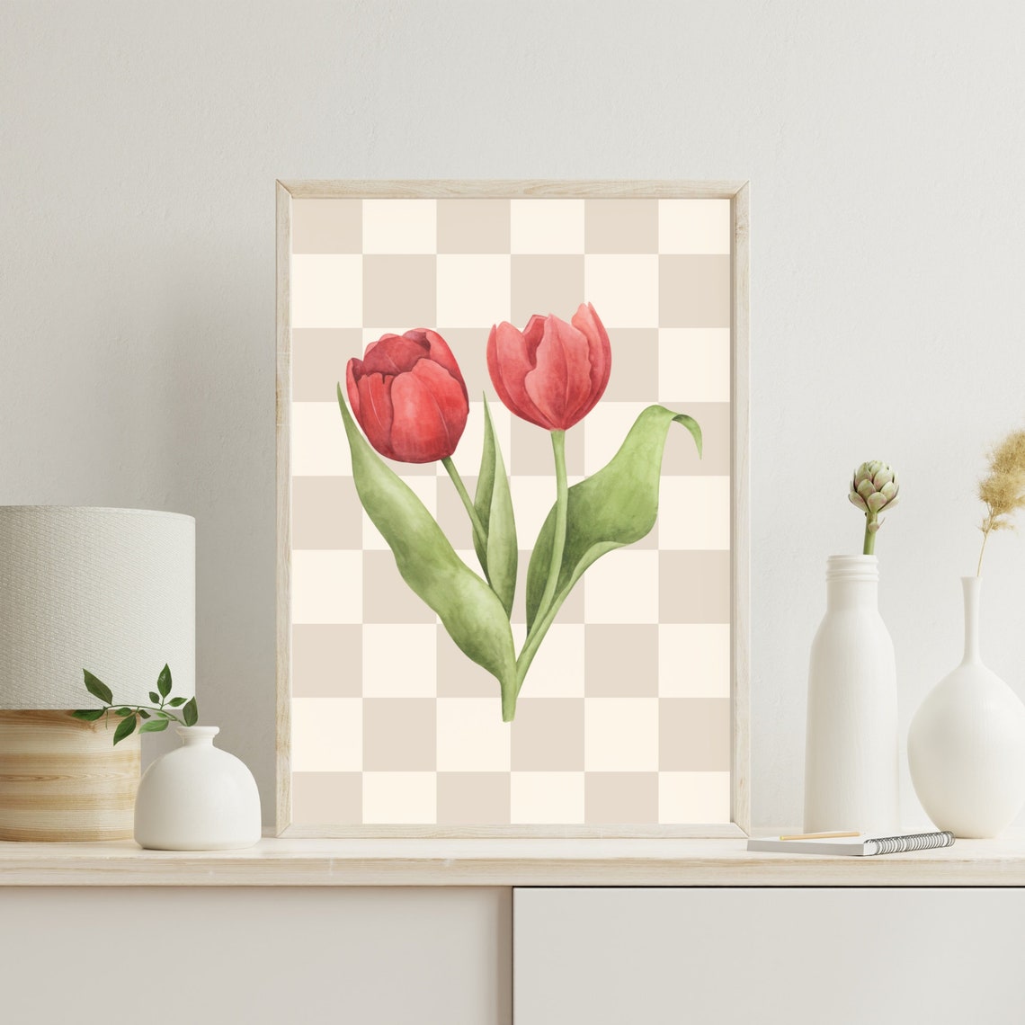 Red Tulips Watercolor on Beige Checkered Floral Art Decor Poster - Image 3