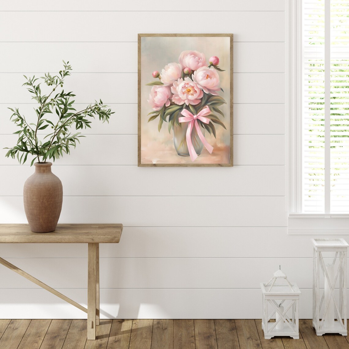 Blush Pink Peonies Bouquet Watercolor Vase With Ribbon Bow Poster - Image 3