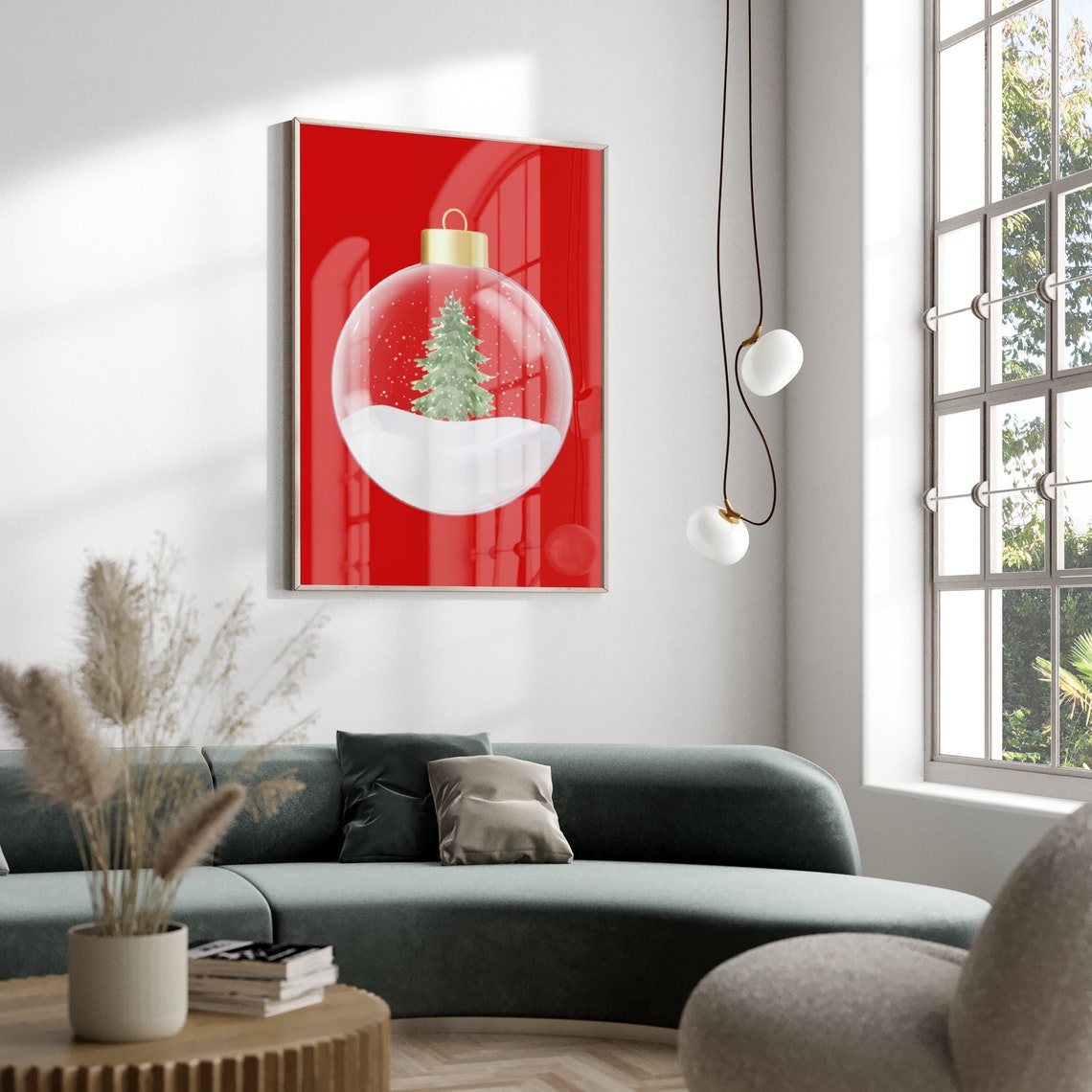 Red Christmas Snow Globe Bauble Tree Holiday Watercolor Poster - Image 2