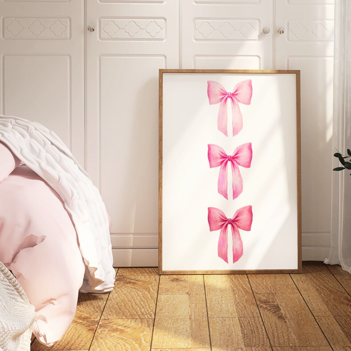 Pink Watercolor Bow Trio Vertical Row Minimalist Preppy Girls Wall Art - Image 2