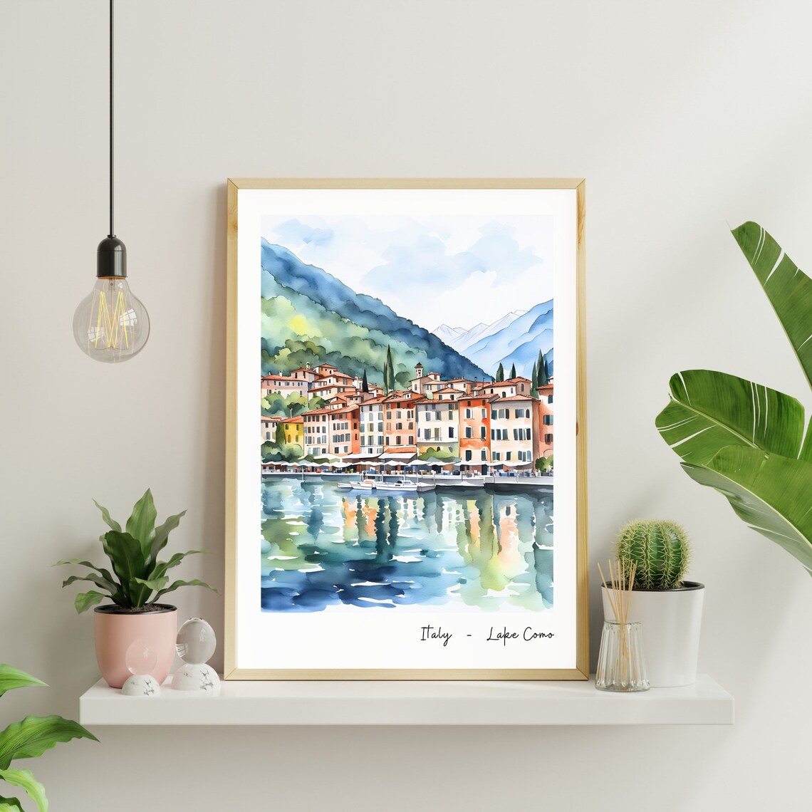 Lake Como Italy Watercolor Harbor Reflections Travel Landscape Poster