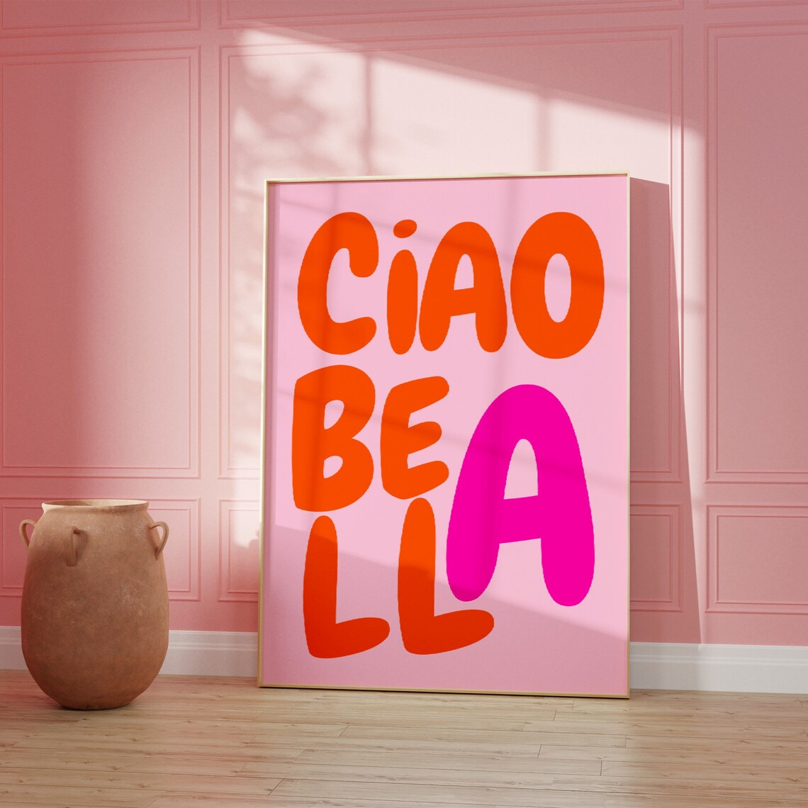 Ciao Bella Orange Pink Bubble Letter Italian Phrase Art Poster
