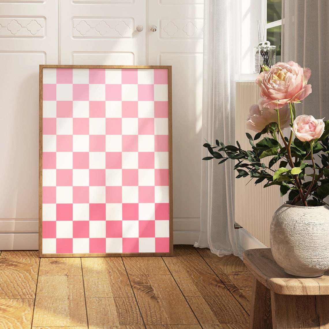 Pink White Checkerboard Retro Funky Bold Pattern Wall Poster