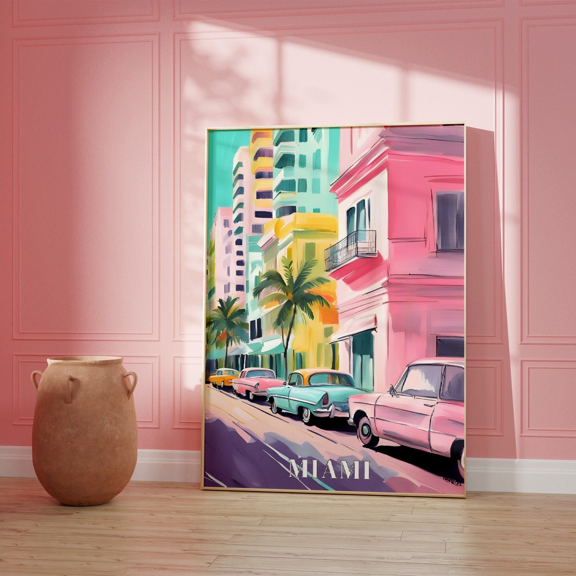 Miami City Travel Print Art Pink Blue Miami Travel Exhibition Print Trendy Wall Print Miami Poster Travel Posters Usa - Image 3