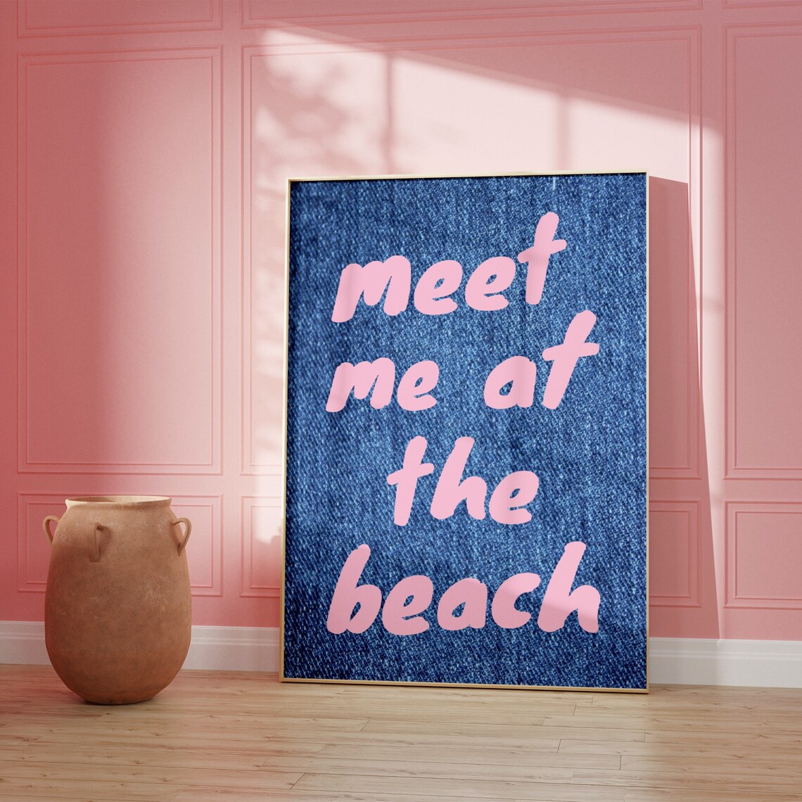 Meet Me at the Beach Pink Text Blue Denim Coastal Style Poster - Image 4