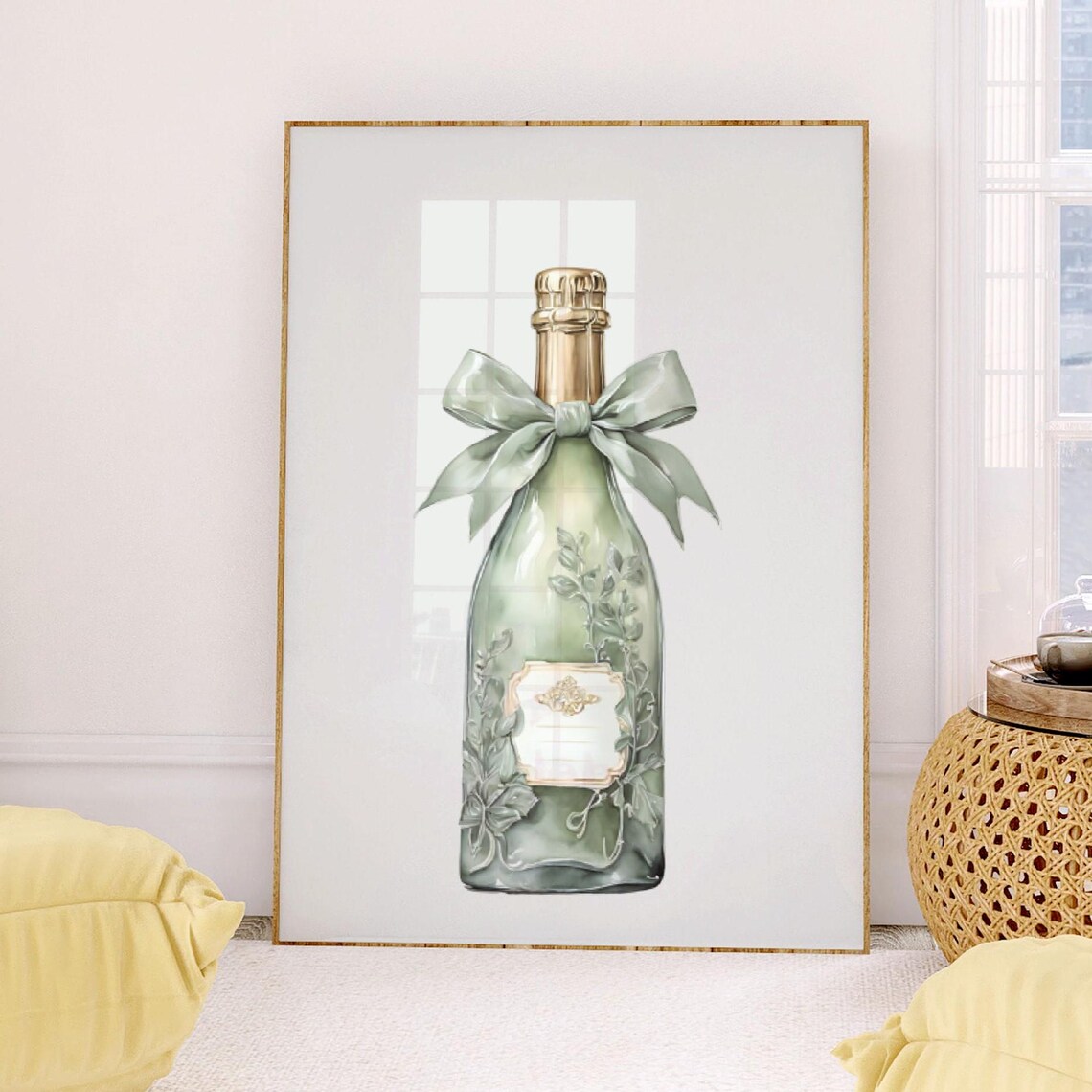 Sage Green Champagne Bottle Bow Cocktail Watercolor Art Bar Cart Print