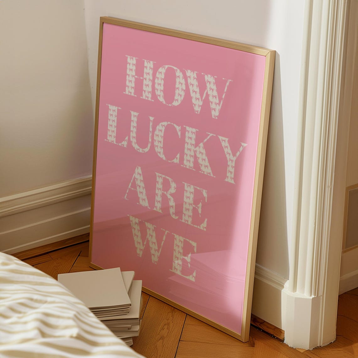 How Lucky Are We Pink White Coquette Bow Pattern Quote Poster - Image 3