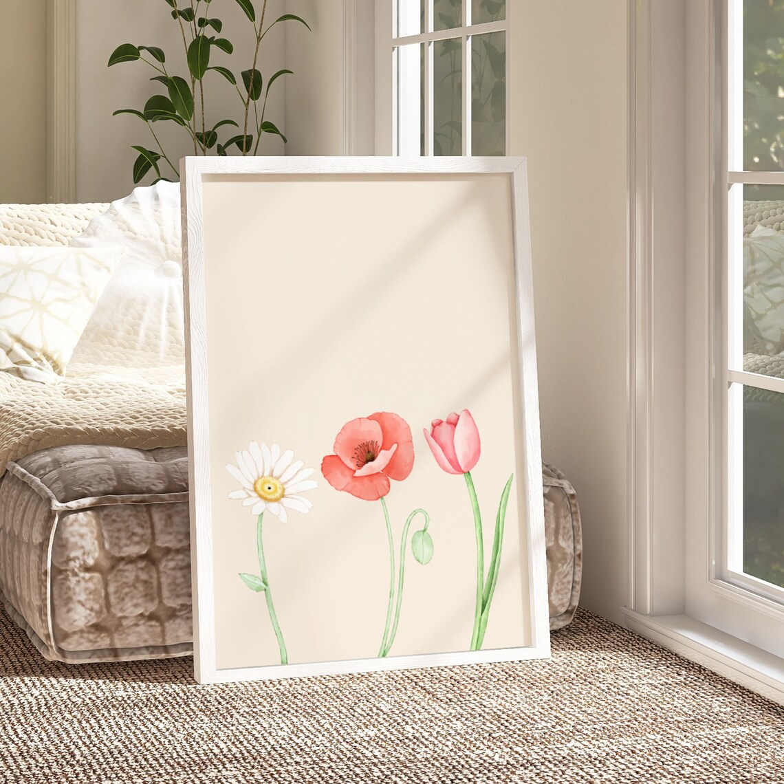 Daisy Poppy Tulip Watercolor Wildflower Trio Botanical Art Poster - Image 4