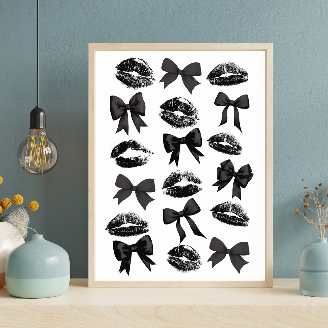 Black Bow and Lipstick Kiss Marks Coquette Bedroom Decor Poster - Image 3