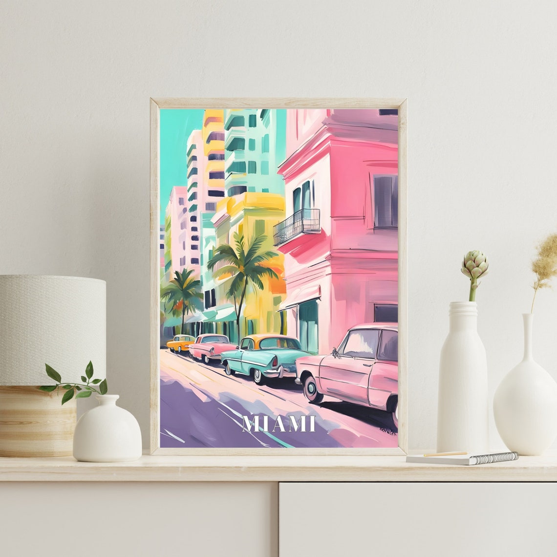 Miami City Travel Print Art Pink Blue Miami Travel Exhibition Print Trendy Wall Print Miami Poster Travel Posters Usa - Image 2