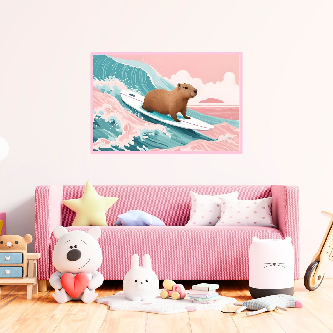 Capybara Surfing Pink Teal Wave Beachy Ocean Animal Art Poster - Image 4