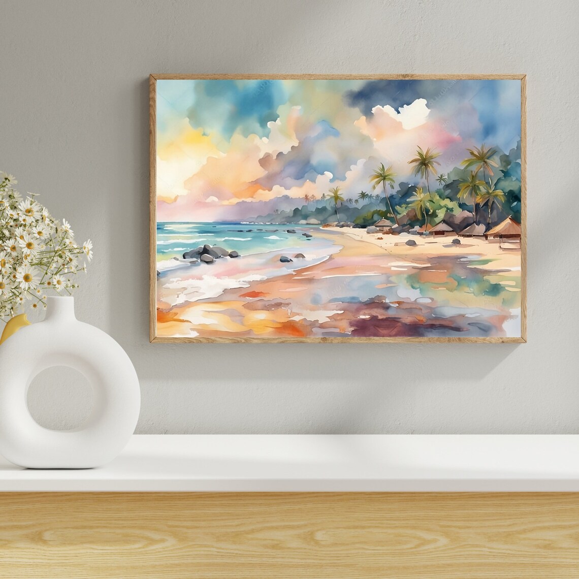 Bali Beach Watercolor Palm Trees Sunset Tropical Travel Poster - Image 3