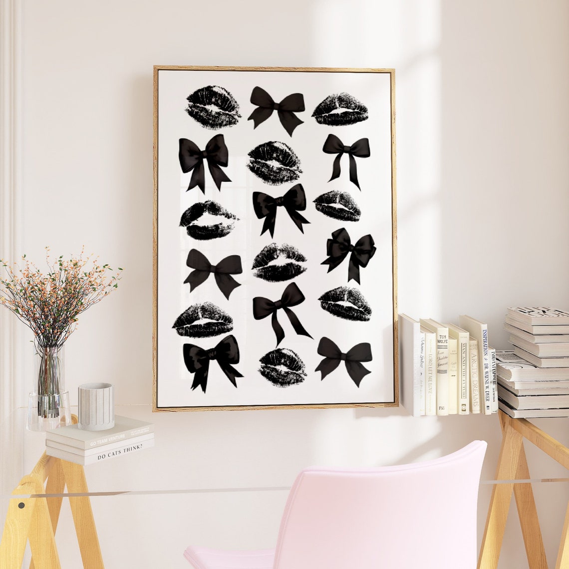 Black Bow and Lipstick Kiss Marks Coquette Bedroom Decor Poster - Image 2