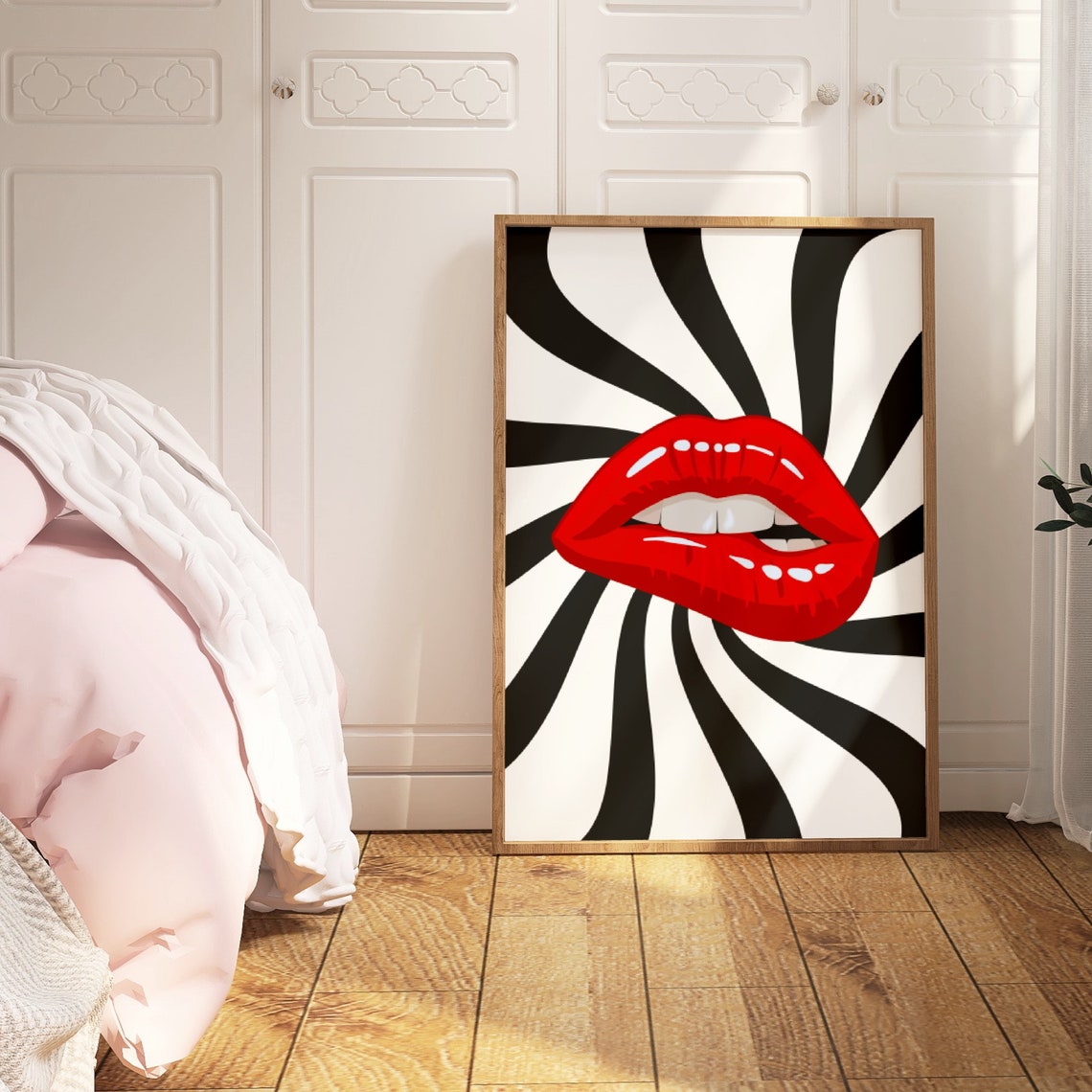 Red Lips Pop Art Poster Black White Swirl Psychedelic Wall Decor Piece - Image 2