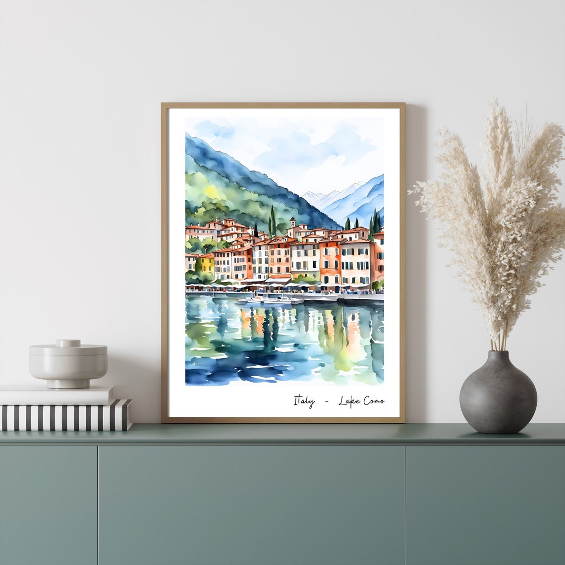Lake Como Italy Watercolor Harbor Reflections Travel Landscape Poster - Image 2