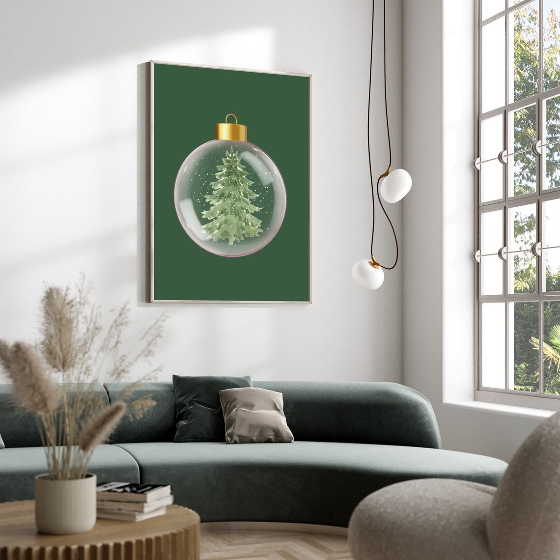Christmas Bauble Snow Globe Pine Tree Sage Green Holiday Poster - Image 2