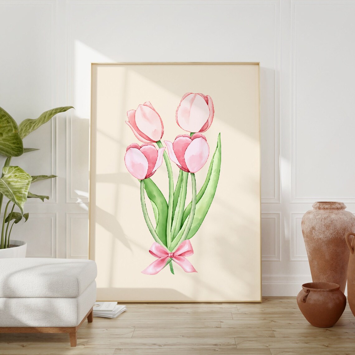 Pink Tulip Bouquet Watercolor Poster Bow Ribbon Spring Floral Art