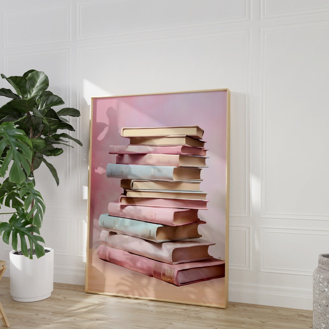 Pastel Books Stack Painting Poster Reading Nook Library Wall Decor - Image 3