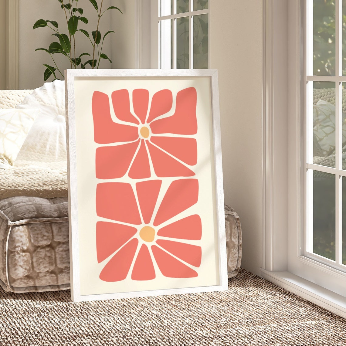 Coral Pink Groovy Flower Heads Cream Boho Retro Poster Wall Decor - Image 2