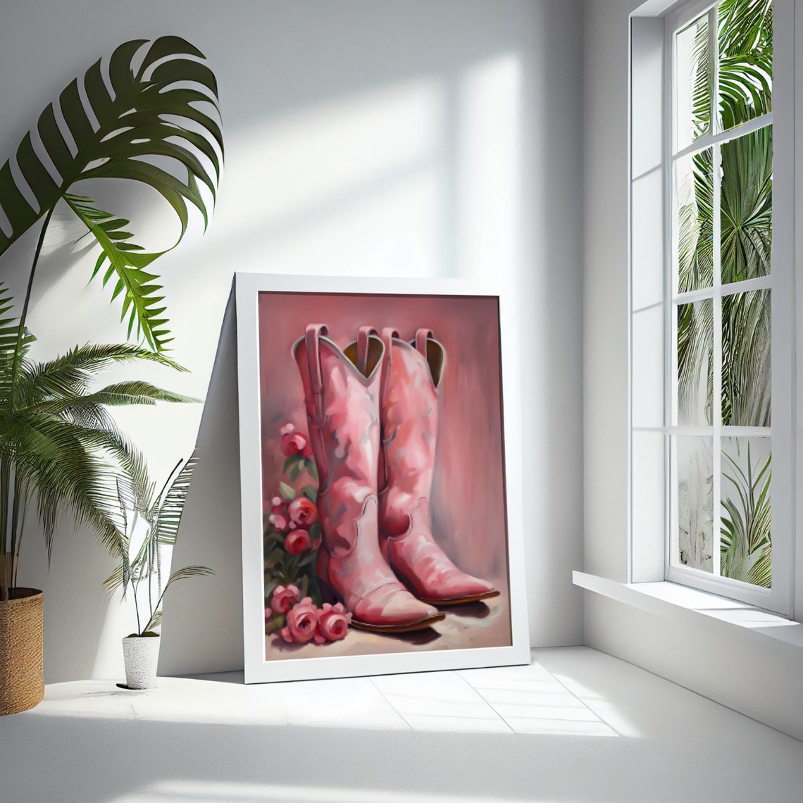 Pink Cowboy Boots Oil Painting Poster Vintage Western Rose Floral Art - Image 2
