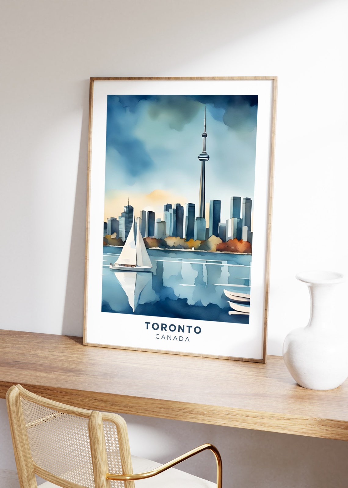 Toronto Canada Watercolor Skyline CN Tower Sailboat Travel Poster - Image 3