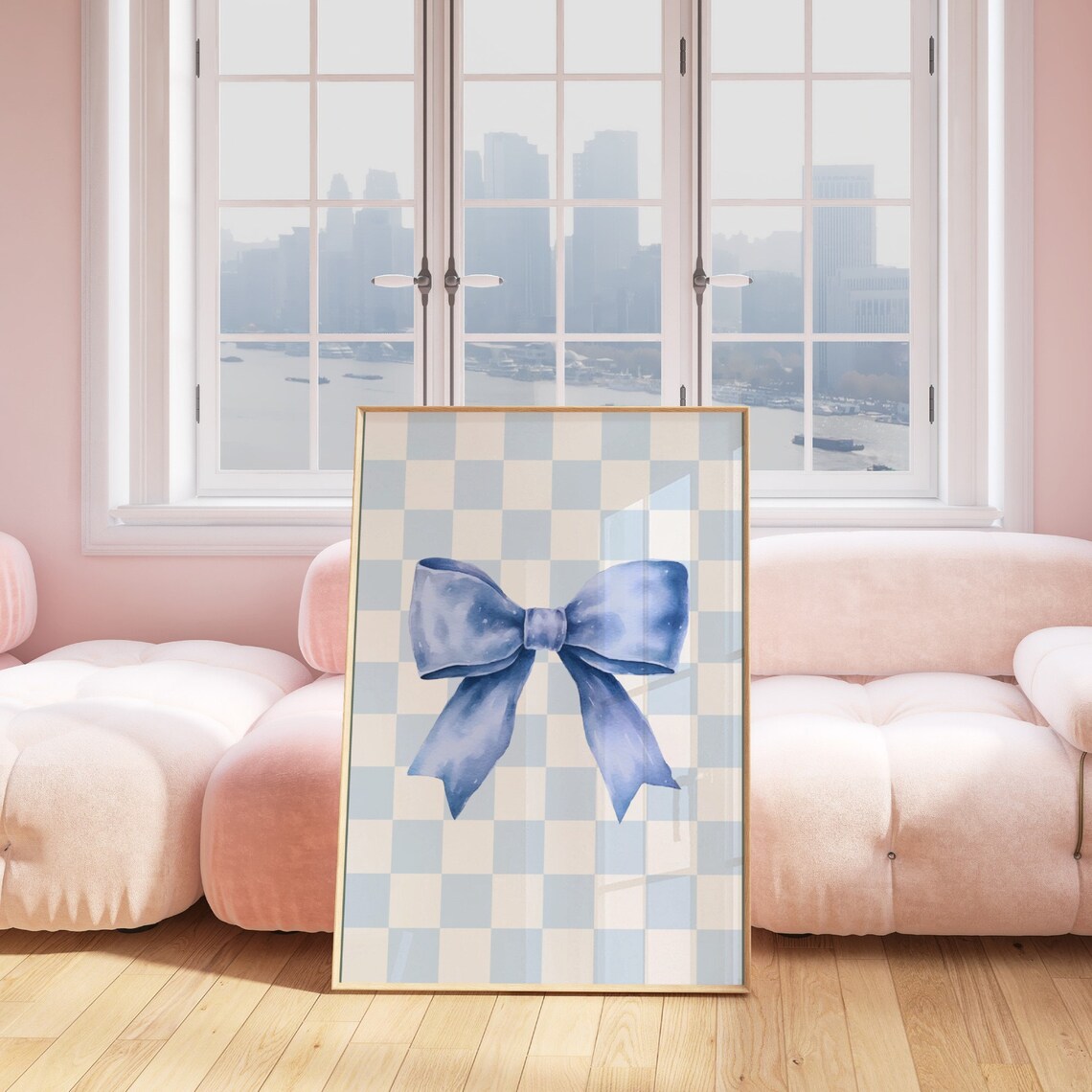 Blue Watercolor Bow Checkered Background Preppy Retro Teen Poster - Image 3