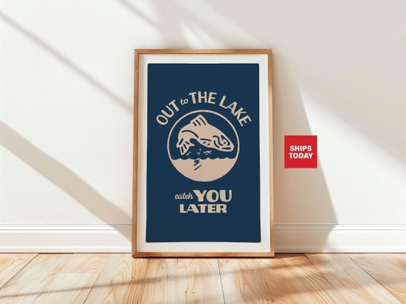 Retro Lake Print Fishing Gift For Friend Nature Art Camping Poster Cabin Wall Decor Outdoorsy Wall Art Rv Camper Decor