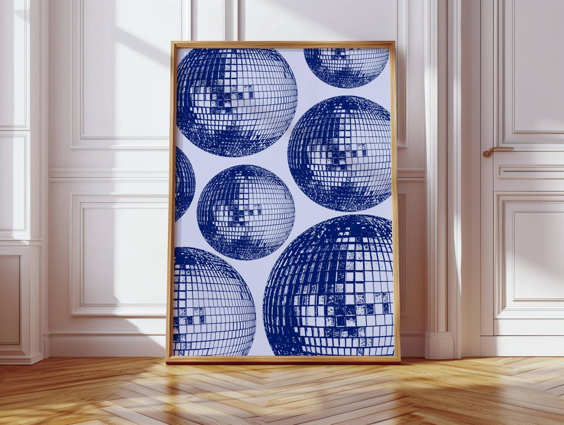 Navy Blue Disco Ball Grid Retro Party Dance Floor Decor Poster