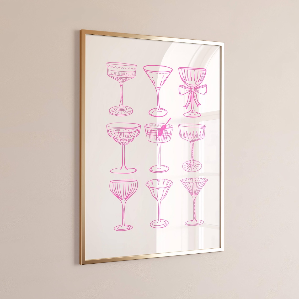 Pink Cocktail Glass Line Art Retro Bar Cart Party Decor Poster