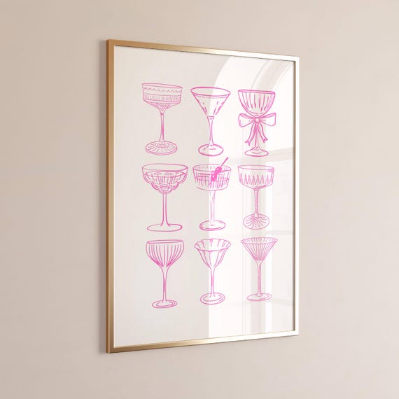 Pink Cocktail Art Print Retro Bar Wall Decor Midcentury Modern Drink Illustration Kitchen Or Home Artwork
