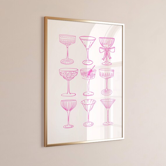 Pink Cocktail Glass Line Art Retro Bar Cart Party Decor Poster