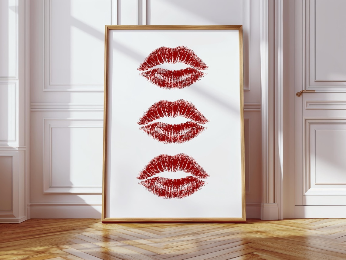 Red Lipstick Kiss Marks Trio Minimalist Girly Bedroom Poster