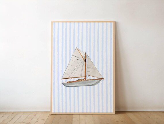 Vintage Sailboat NY 1 on Blue Stripes Coastal Nautical Art Print