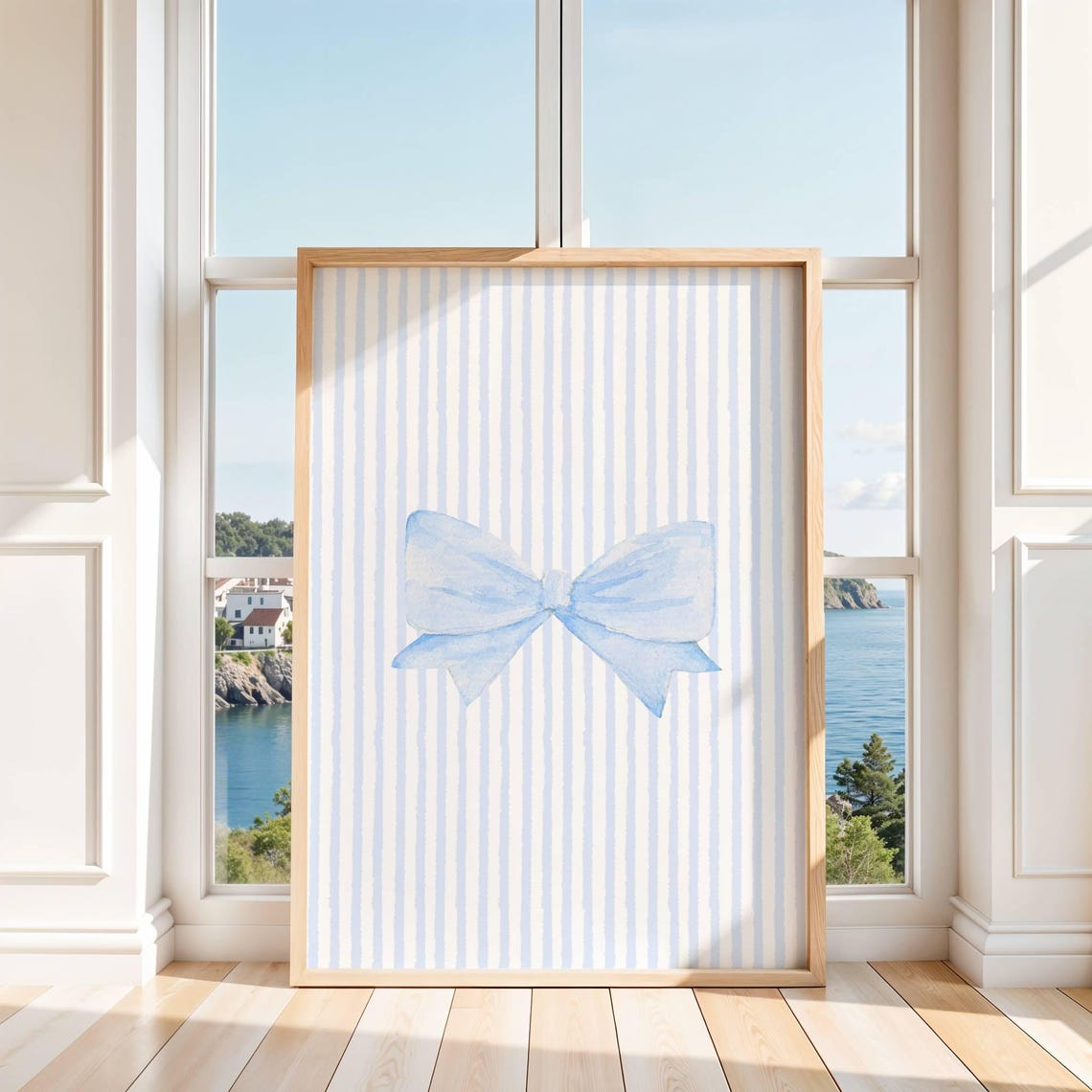 Blue Bow Wall Art Coquette Girly Dorm Room Decor Cute Feminine Ribbon Print