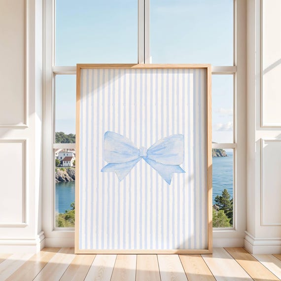 Blue Bow Wall Art Coquette Girly Dorm Room Decor Cute Feminine Ribbon Print